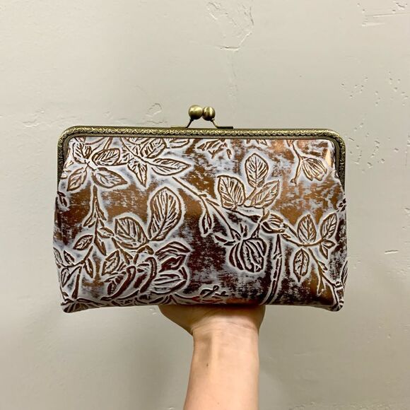 Handmade Genuine Cowhide Floral Embossed Kisslock Clutch/Shoulder Bag/Crossbody - Picture 1 of 16